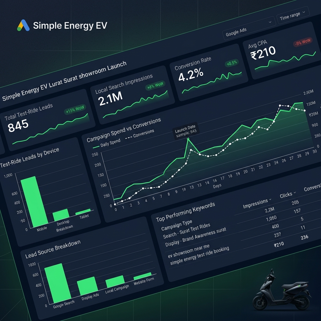 Simple Energy Surat showroom launch campaign dashboard visual