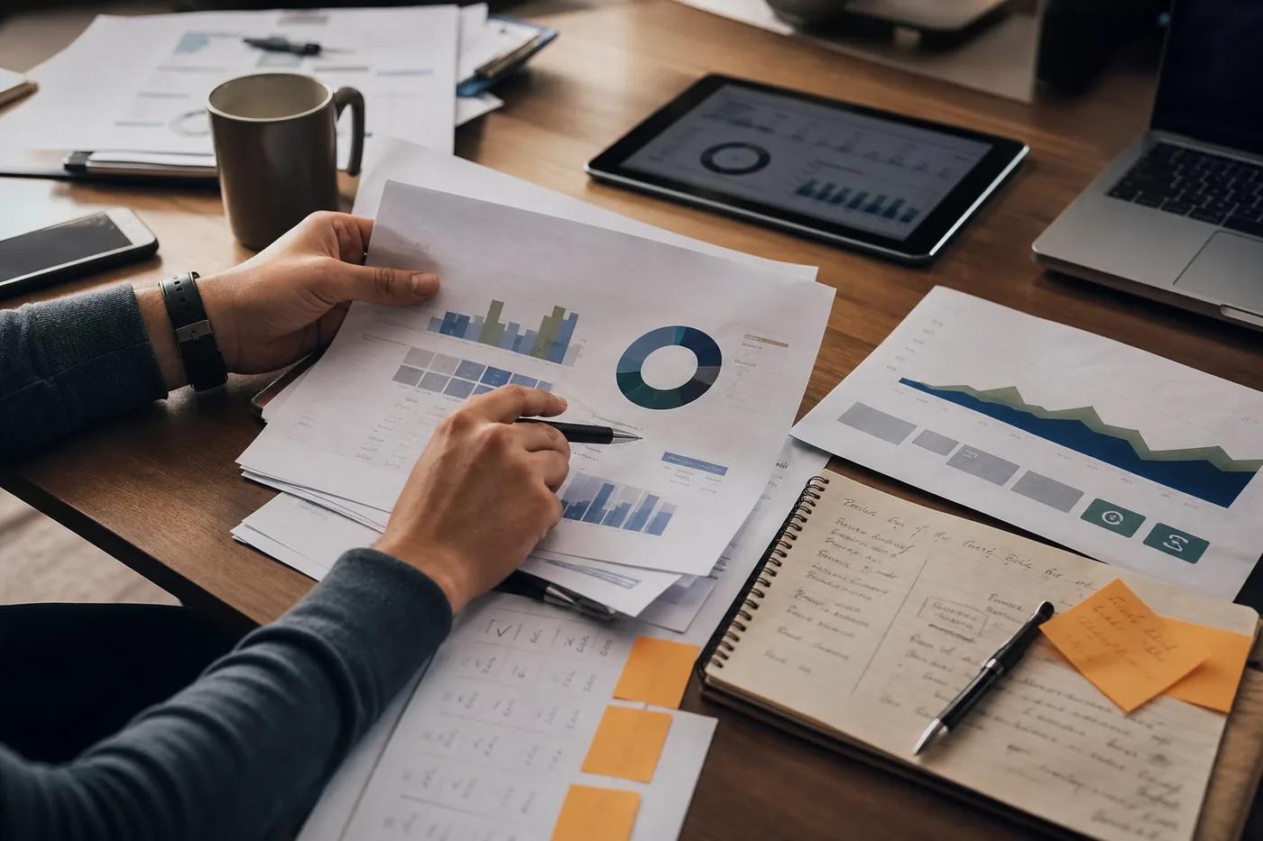 Campaign reporting desk with printed lead-quality charts and CRM review notes