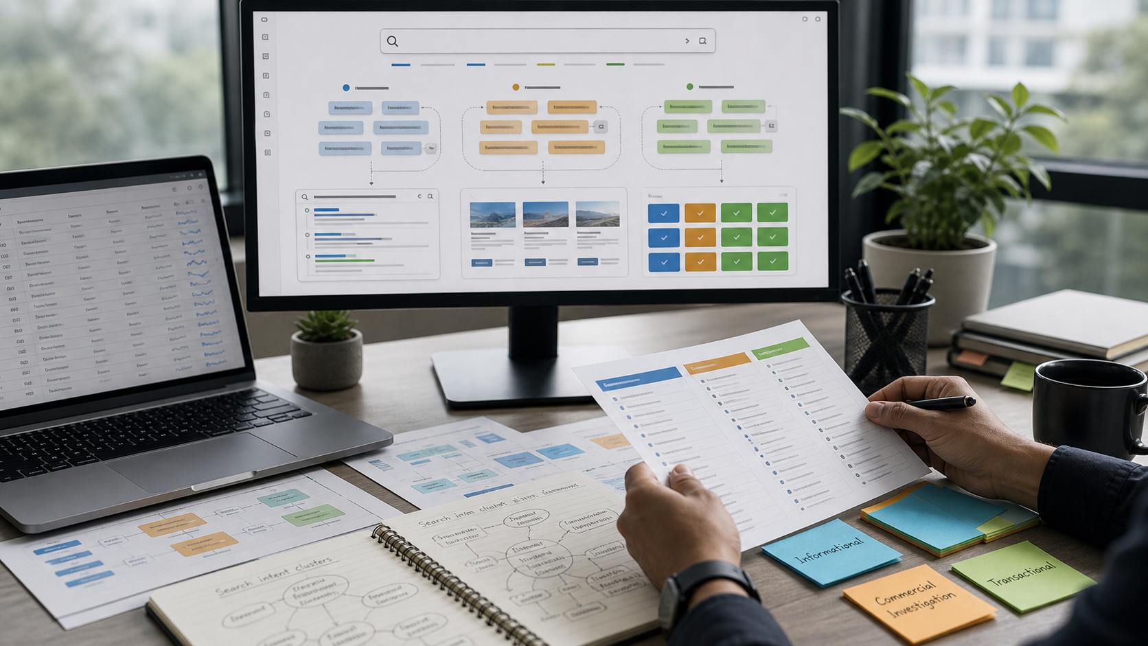 Performance marketing workspace showing search intent keyword clusters, query mapping and landing page matching