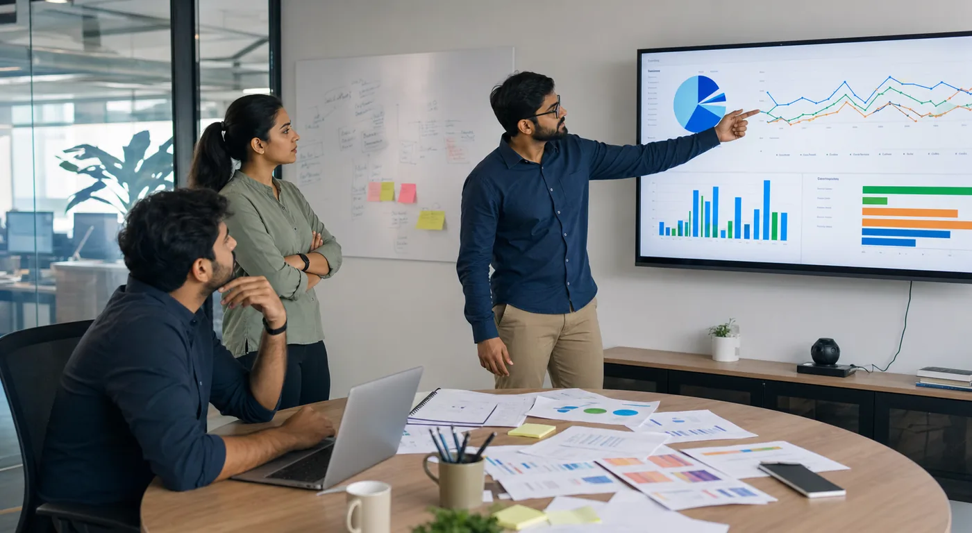 Marketing team reviewing weekly campaign performance charts in a meeting room